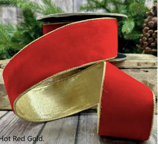Lush Velvet with Gold Backing Ribbon - Hot Red- 2 sizes