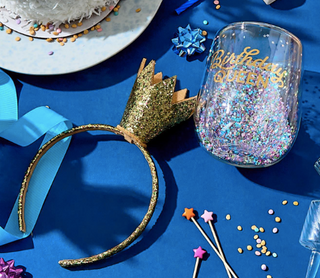 Birthday Queen Double Wall Glitter Stemless Wine Glass and Glitter Crown Headband