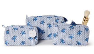 Happy Monkey Block Printed Cotton Quilted Cosmetic and Accessory Bags - Blue