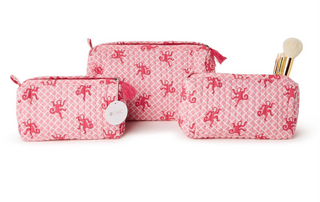Happy Monkey Block Printed Cotton Quilted Cosmetic and Accessory Bags - Pink