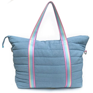 Denim Puffer Tote with Candy Stripes