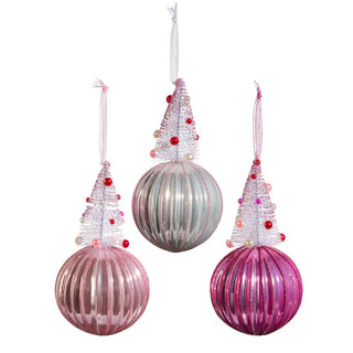 PINK BOTTLE BRUSH TREE ON BALL ORNAMENT