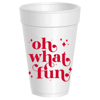 a white cup with red text
