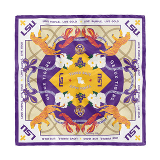 a purple and yellow bandana with tiger and flowers