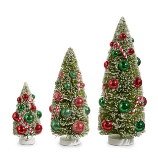 SNOWY BOTTLE BRUSH TREES WITH ORNAMENTS