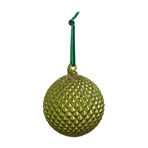 GREEN QUILTED BALL ORNAMENT 4"