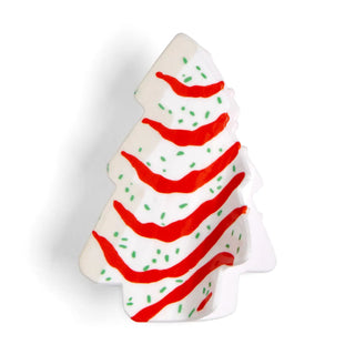 a white and red christmas tree shaped dish