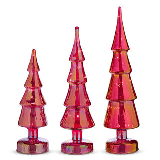 LIGHTED RED IRIDESCENT GLASS TREES