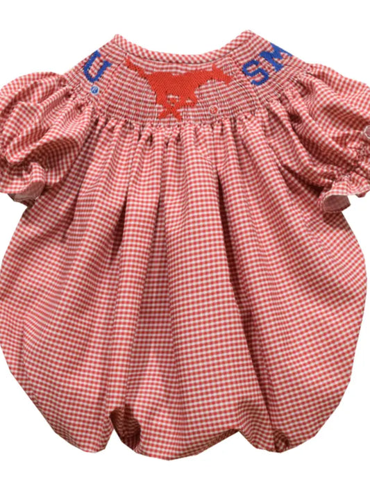 Smu Mustangs Smocked Red Gingham Short Sleeve Girls Bubble