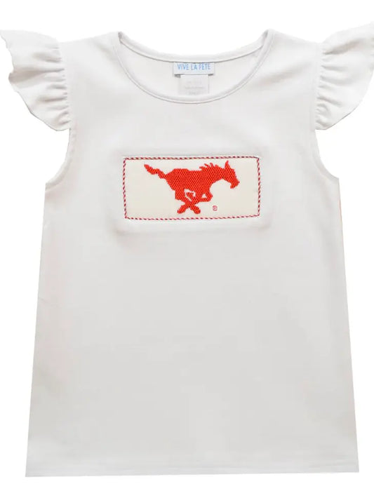 Smu Mustangs Smocked White Knit Angel Wing Girls Tee