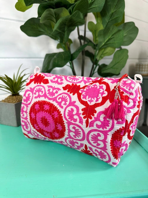 Large Quilted Makeup Travel Cosmetic Toiletry Bag - Pink Red