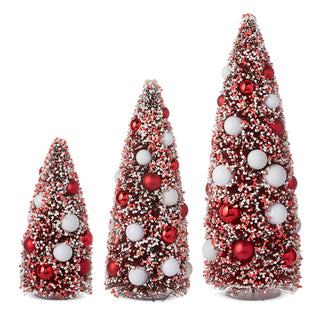 RED AND WHITE BOTTLE BRUSH TREES WITH ORNAMENTS