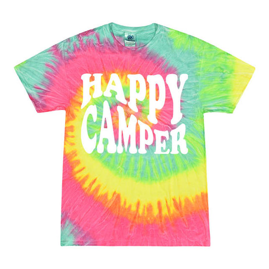 Youth T-Shirt Happy Camper White Puffy Print Minty Rainbow