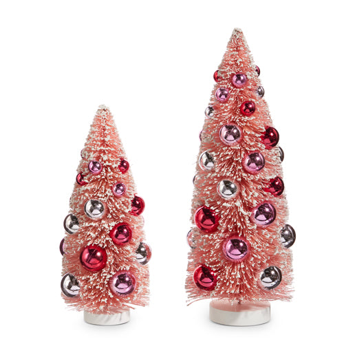 BOTTLE BRUSH TREES WITH PINK ORNAMENTS