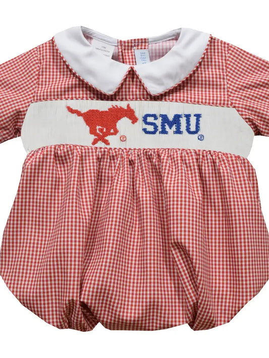 Smu Mustangs Smocked Red Gingham Short Sleeve Boys Bubble