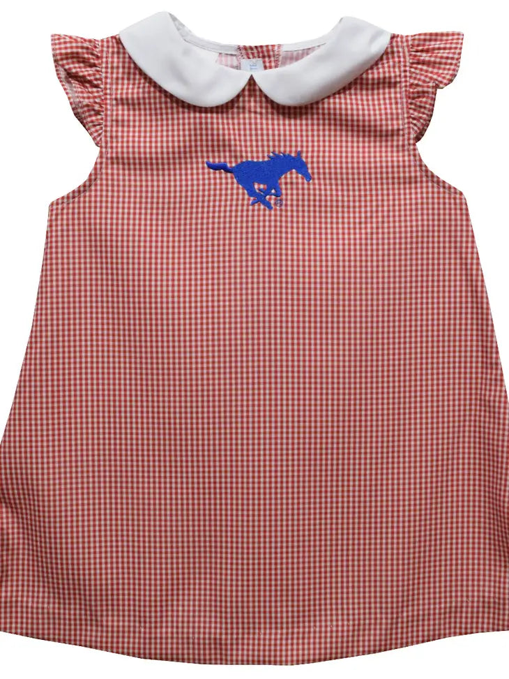 Smu Mustangs Embroidered Red Gingham A Line Dress