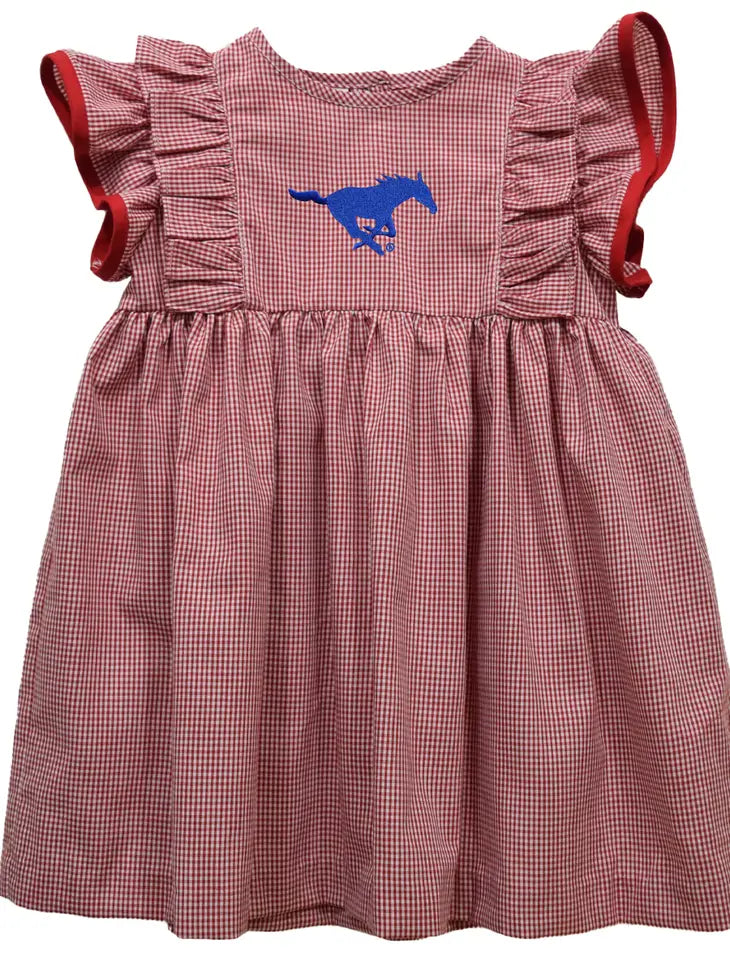 SMU Mustangs Embroidered Red Gingham Ruffle Dress