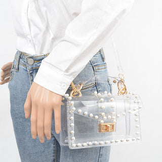 Clear Single Handle Clutch W/Faux Pearl