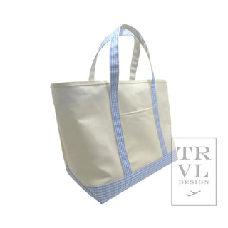 TRVL - Large Natural with Gingham Sky Trim Maxi Tote