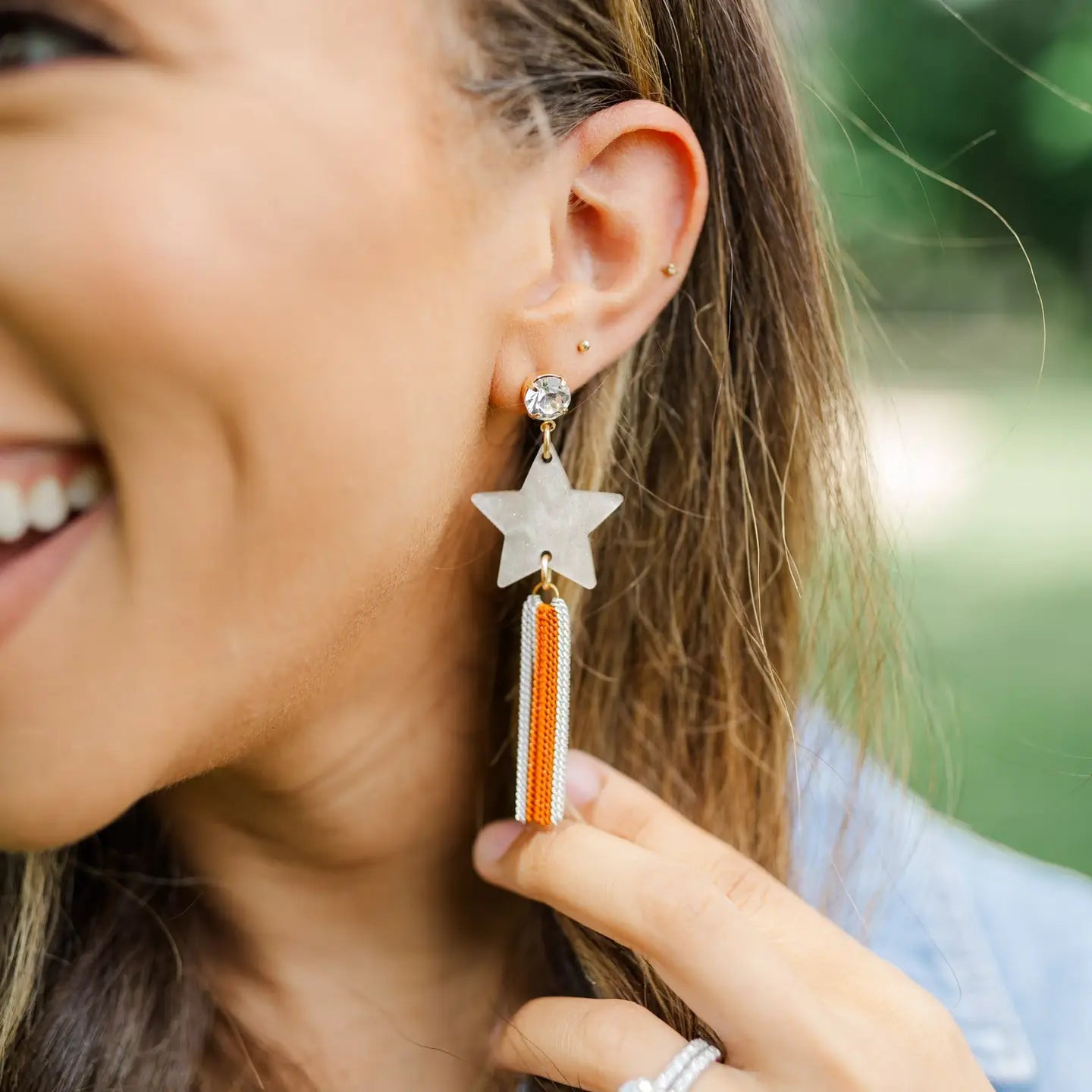 Orange Star Chain Tassel Earrings