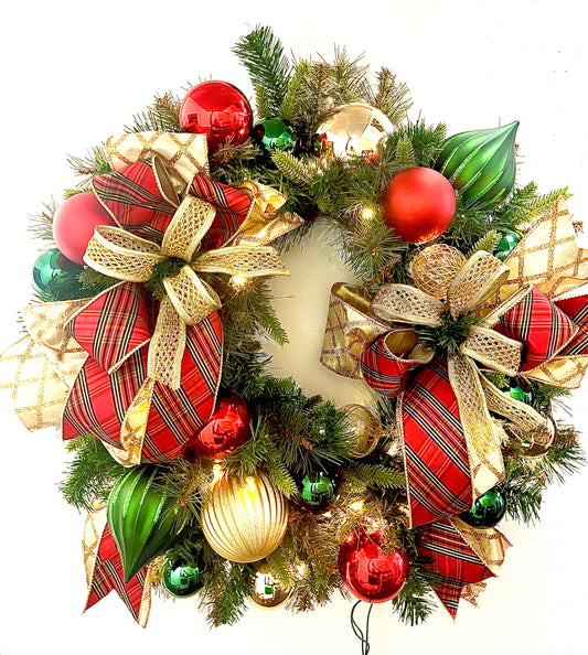 Red and Green Plaid Wreath- LED Lights