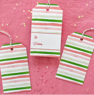a group of striped tags