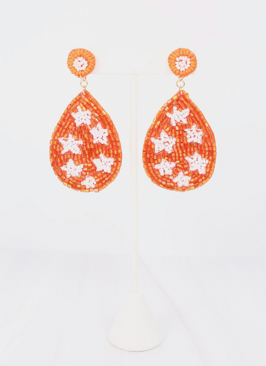 Orange and White Beaded Star Earrings