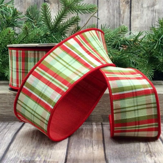Abby Lane Dupion Plaid Ribbon- Red and Apple Green