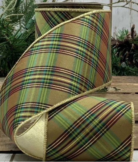 Abbey Lane Plaid Metallic Dupion  - Green/Green Gold 4" x 10y