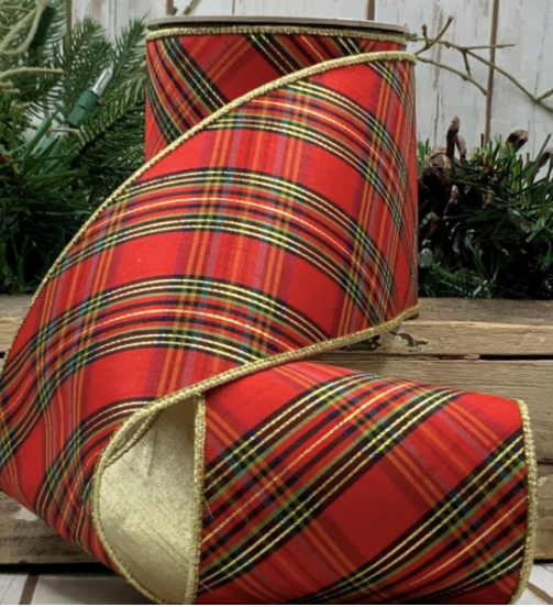 Abbey Lane Plaid Metallic Dupion - Green/Black/Red 4"x10Y