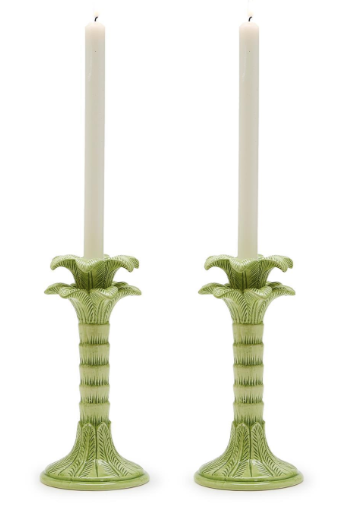 Green Palm Leaf Set of 2 Taper Candlestick Candleholder