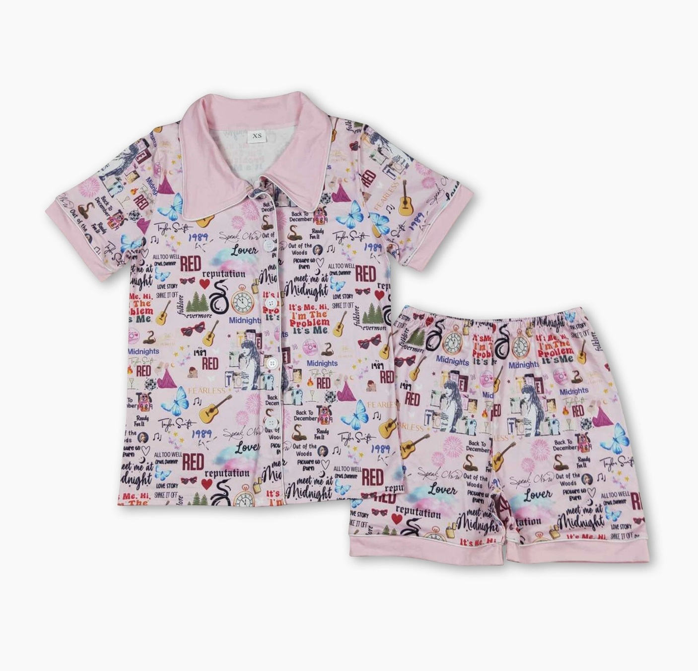 Adult Pink Taylor Swift Short Sleeves Guitar Singer PJ Set w/ Shorts