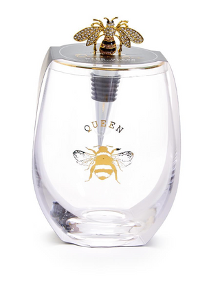 Queen Bee Stemless Wine Glass with Jeweled Bee Wine Stopper