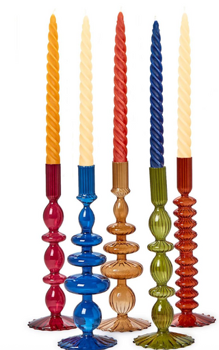 Jeweled Tones Hand-Blown Glass Taper Candleholders