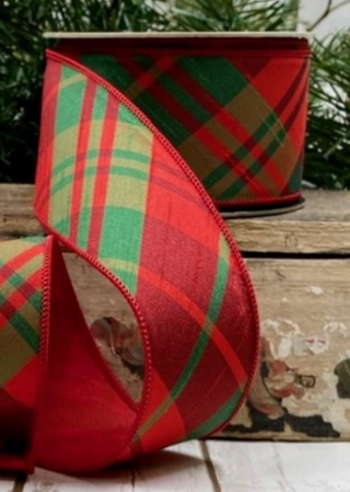 Faux Dupion Diagonal Plaid, Green Red - 2.5 x10Y
