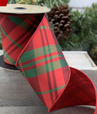Faux Dupion Diagonal Plaid, Green Red Ribbon - 4x10Y