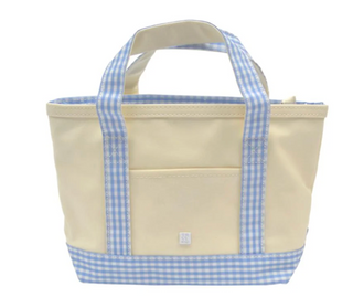 TRVL - MINI TOTE -  CANVAS NATURAL With GINGHAM SKY TRIM