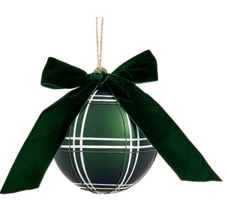 a green and white christmas ornament with a bow