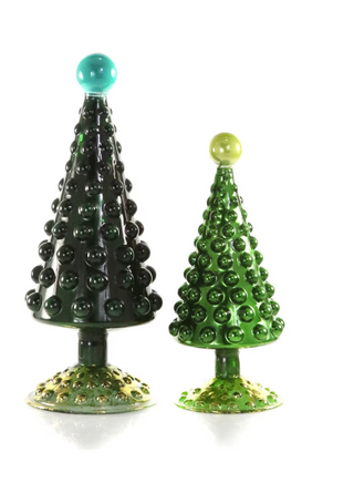 a pair of green and black glass christmas trees