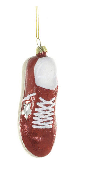 a red and white shoe ornament