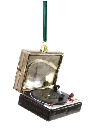a christmas ornament with a record player