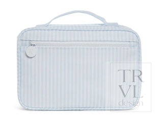 a blue and white striped bag
