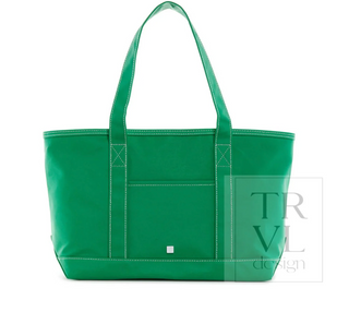 a green bag with white stitching