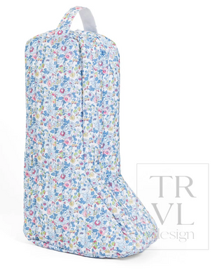 a blue and white floral patterned bag