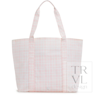 a pink and white checkered bag