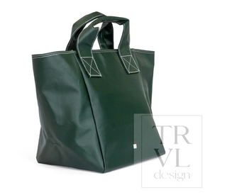 a green bag with white stitching