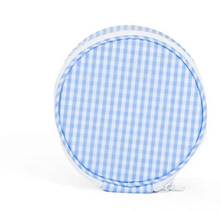 a blue and white checkered round object