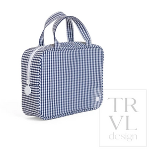 a blue and white checkered bag