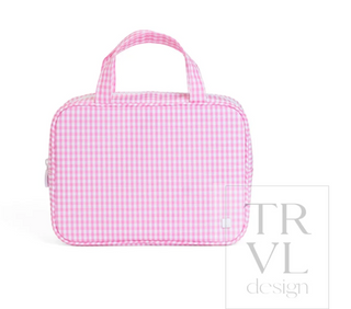 a pink and white checkered bag