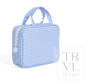 a blue and white checkered bag